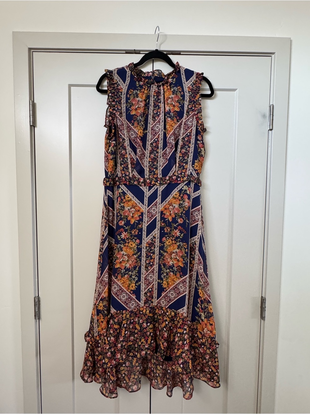 julia jordan Navy Floral Chevron Midi Dress with Orange Accents